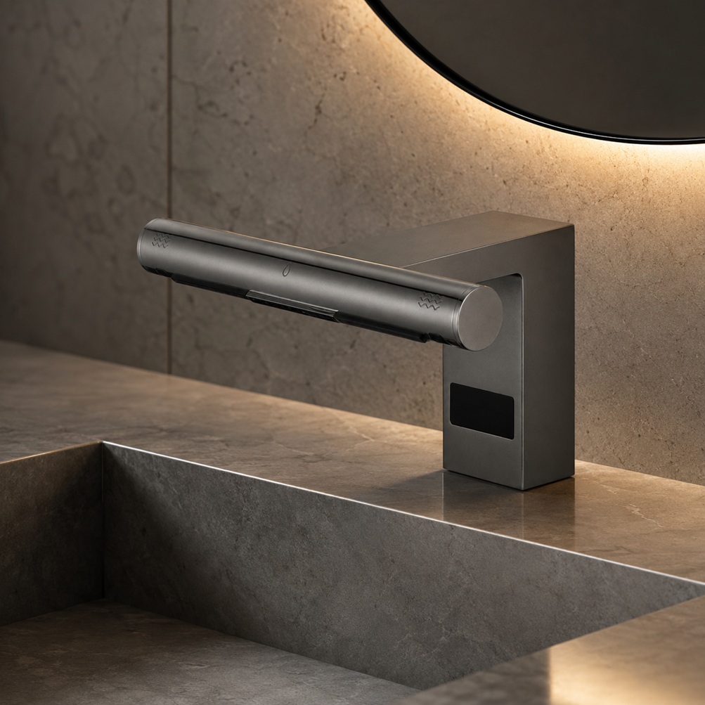 Gunmetal gray bar-style touchless faucet and soap dispenser model with rectangular base and long cylindrical sensor spout installed on a modern stone bathroom sink
